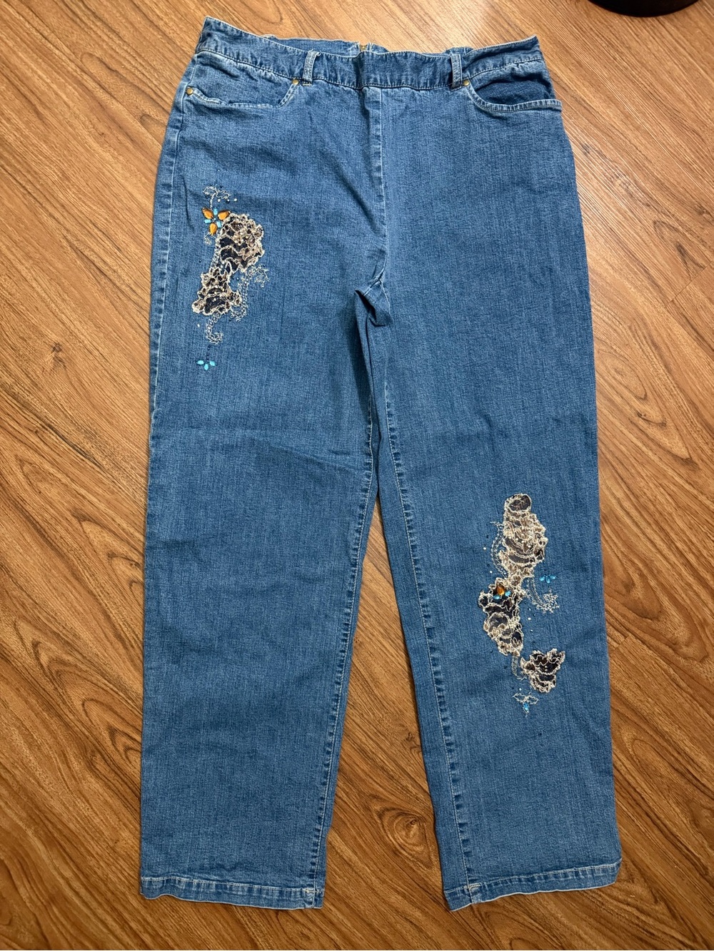 Women’s Straight Leg Blue Embroidered Denim Jeans